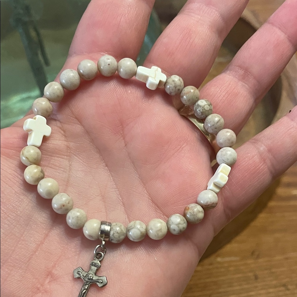 Natural Stone Cream Beaded Cross Bracelet with Crucifix Charm